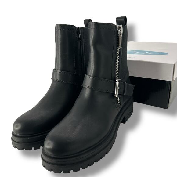 NEW Aqua Black Leather Moto Books SZ 9 Chunky Biker Y2K Ankle Booties Waterproof - Picture 1 of 13